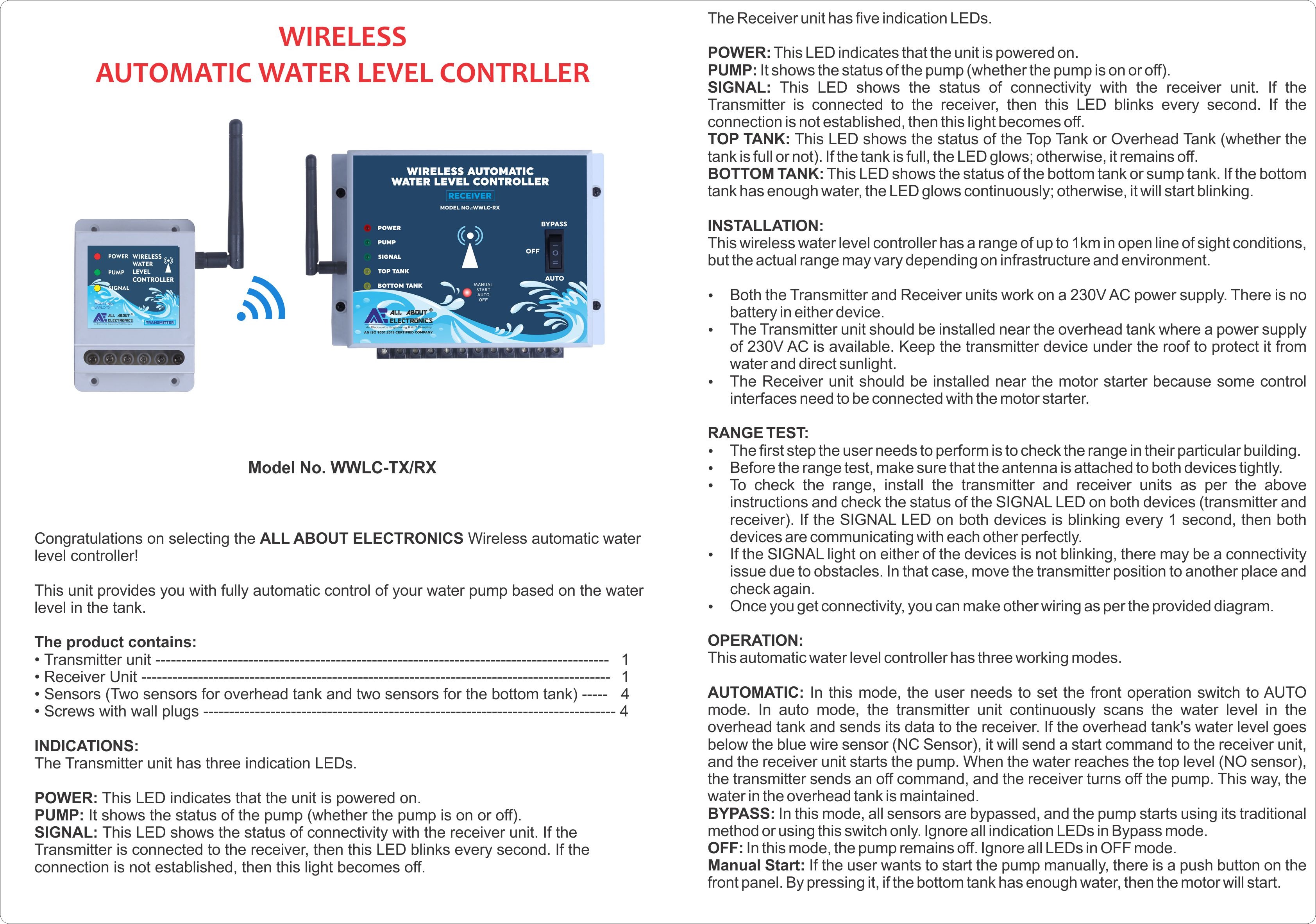 Wireless Automatic Water Level Controller Model No.WWLC-TX/RX - Single Phase